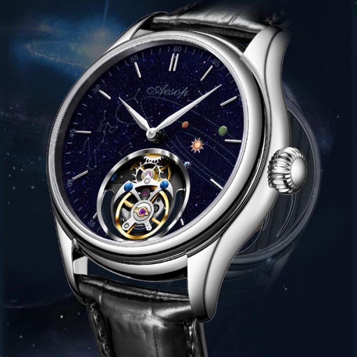 Super AESOP Flying Tourbillon Watch for Men Milky Way Star Sapphire Dial Luxury Steel Band Male Mechanical Wrist Watches 1963 1