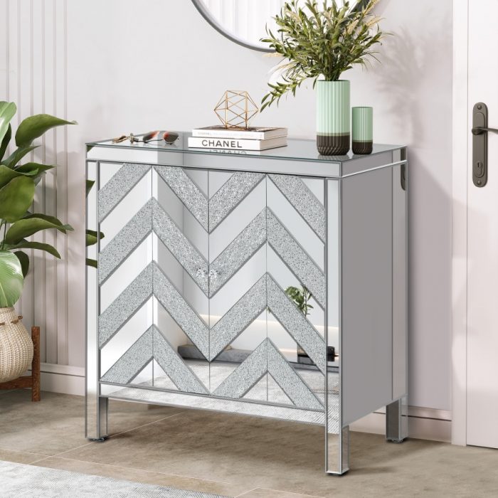 Storage Cabinet with Mirror Trim and M Shape Design, Silver,for Living Room, Dining Room, Entryway, Kitchen 1