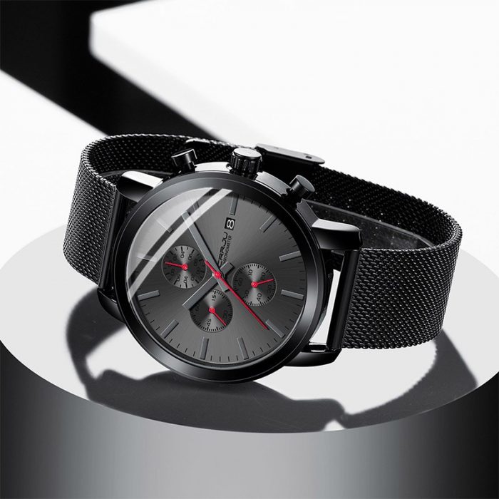 CRRJU Watch for Men Luxury Stainless Steel Mesh Strap Quartz Watch Fashion Sports Waterproof Wristwatch Black Date Chronograph 3
