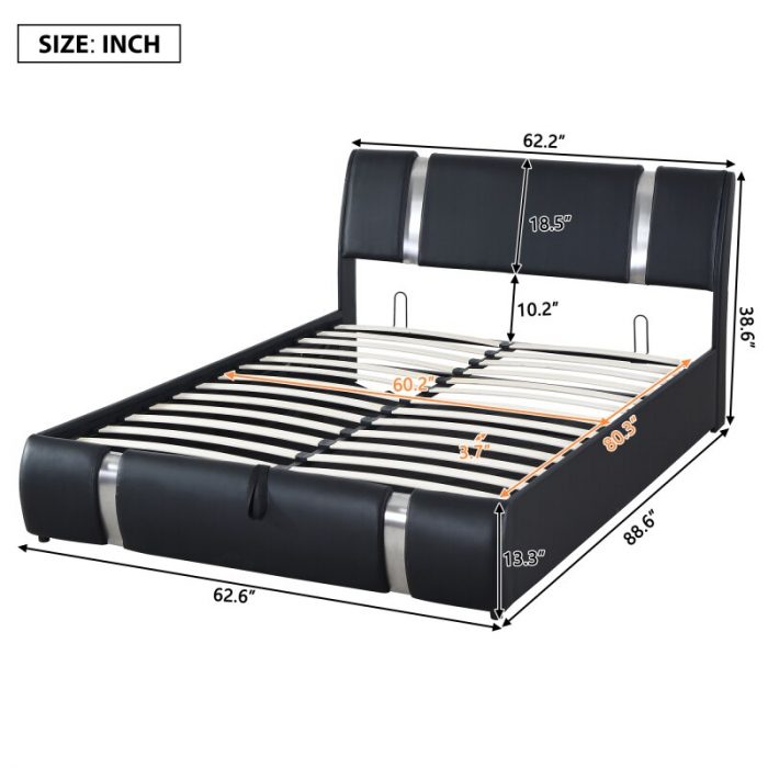 Queen Size Upholstered Faux Leather Platform bed with a Hydraulic Storage System, Black 6