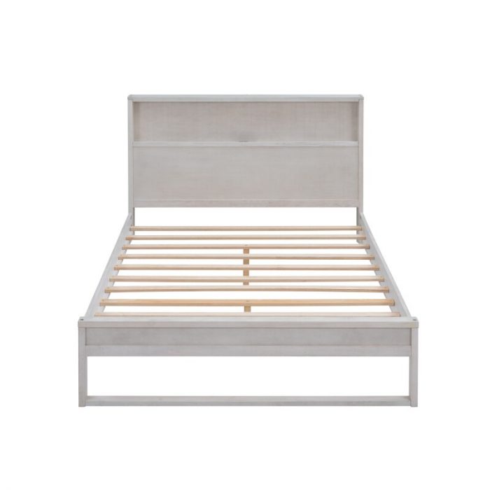 Antique White Platform Bed with Storage Headboard,Sockets and USB Ports,Full Size Platform Bed,for indoor bedroom furniture 4