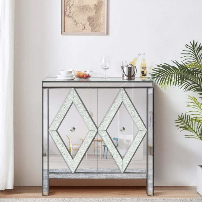 Storage Cabinet with Mirror Trim and Diamond Shape Design, Silver ,for Living Room, Dining Room, Entryway, Kitchen 3