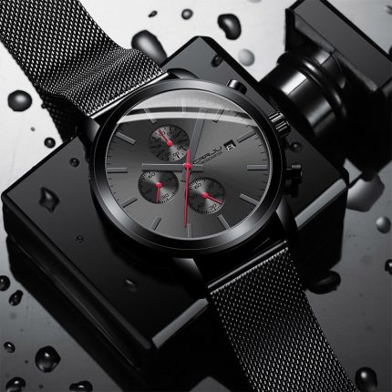 CRRJU Watch for Men Luxury Stainless Steel Mesh Strap Quartz Watch Fashion Sports Waterproof Wristwatch Black Date Chronograph 1