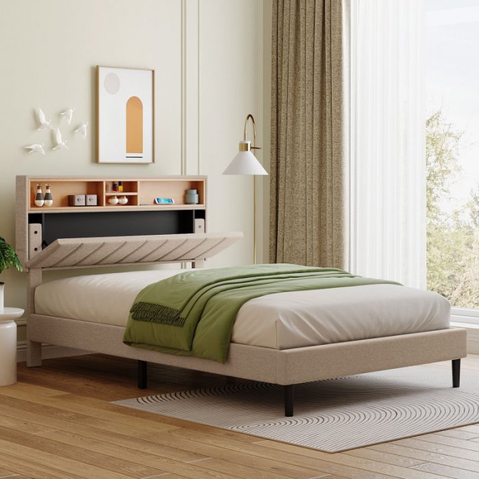 Full /Queen size Upholstered Platform Bed with Storage Headboard and USB Port, Linen Fabric Upholstered Bed 1