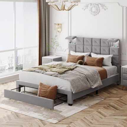 Gray Upholstered Queen Size Velvet Platform Bed with Two Wireless Chargers and Motion Activated Night Light,with a Big Drawer 2