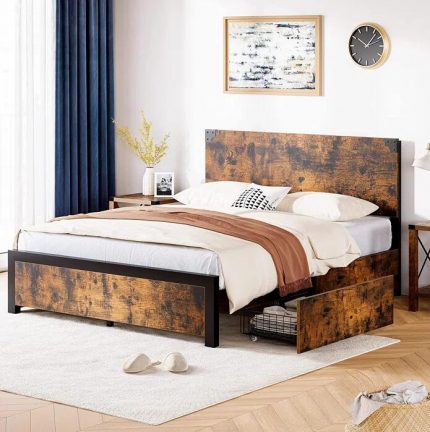 Industrial Wood and Metal Platform Bed frame with headboard and 4 drawers 1