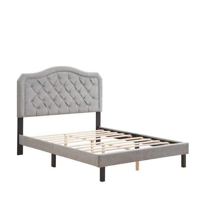 Queen Upholstered Bed Button Tufted with Curve Design-Strong Wood Slat Support Easy Assembly Gray Velvet For bedroom furniture 4