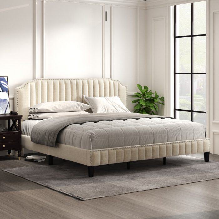 Modern Linen Curved Upholstered Platform Bed , Solid Wood Frame , Nailhead Trim 1