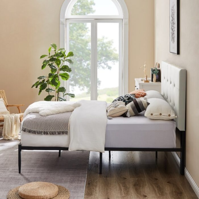 [Flash Deal]B112 Queen Bed PVC Cover Haedboard with Sponge Interlayer Strong Iron Frame with High Temperature Paint[US Stock] 2