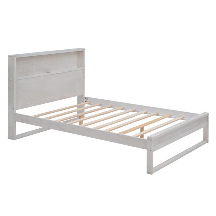 Antique White Platform Bed with Storage Headboard,Sockets and USB Ports,Full Size Platform Bed,for indoor bedroom furniture 3