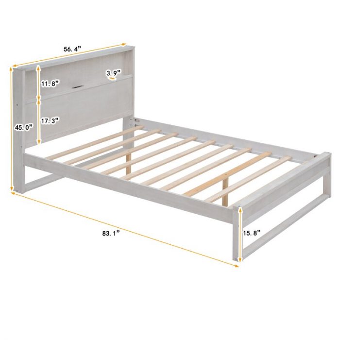 Antique White Platform Bed with Storage Headboard,Sockets and USB Ports,Full Size Platform Bed,for indoor bedroom furniture 6