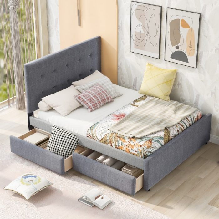 Queen Size Linen Upholstered Platform Bed With Headboard and Two Drawers,Gray 1