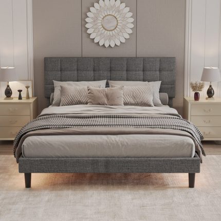 Grey Upholstered Platform Bed Linen Bed Frame with Lights Queen Size Adjustable Headboard Strong Bed Slats System 2