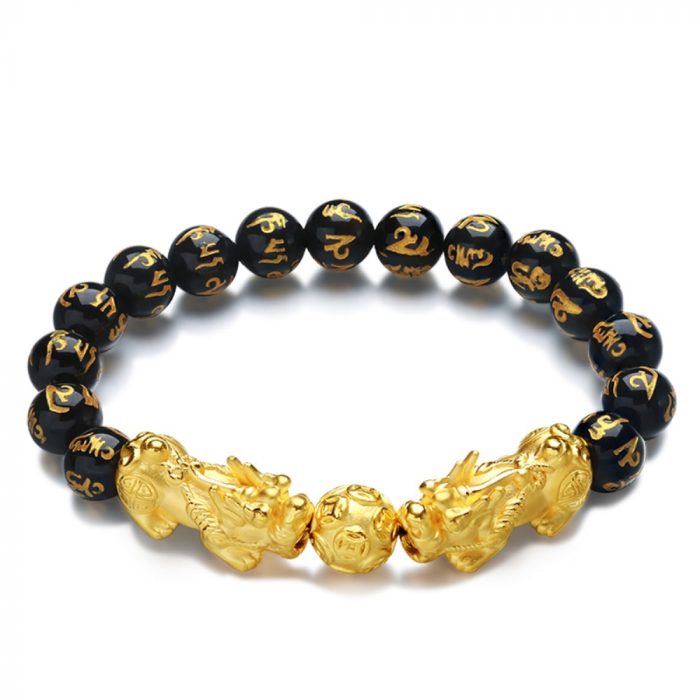 Real 24K Yellow Gold 3D Lucky Pixiu Coin Bead with 8mm Black Agate Link Bracelet 1