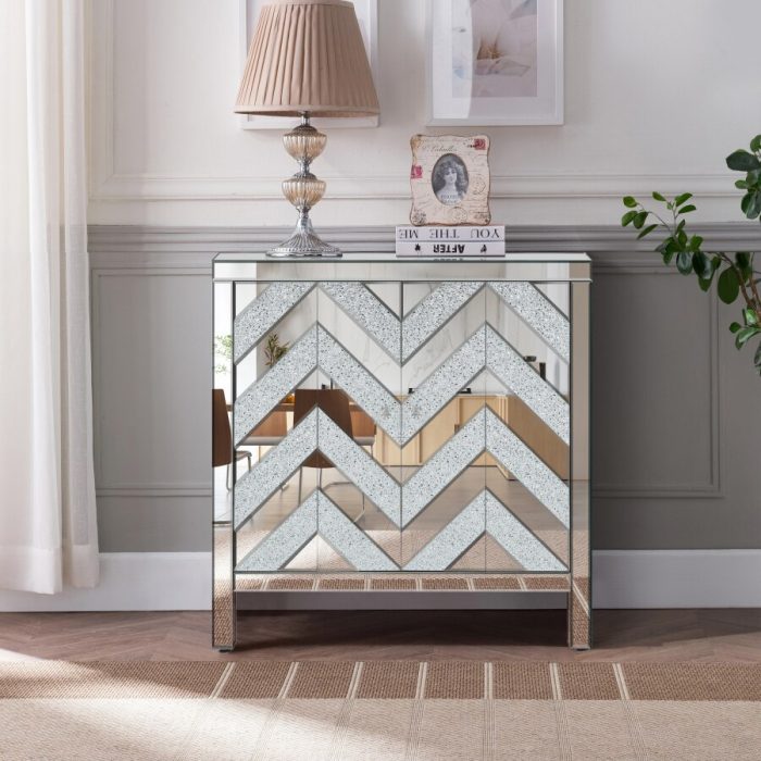 Storage Cabinet with Mirror Trim and M Shape Design, Silver,for Living Room, Dining Room, Entryway, Kitchen 3