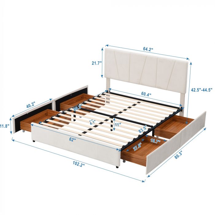 Size Upholstery Platform Bed, Four Drawers on Both Sides, Adjustable Headboard, 83.5cm-64.2cm-44.5cm 4