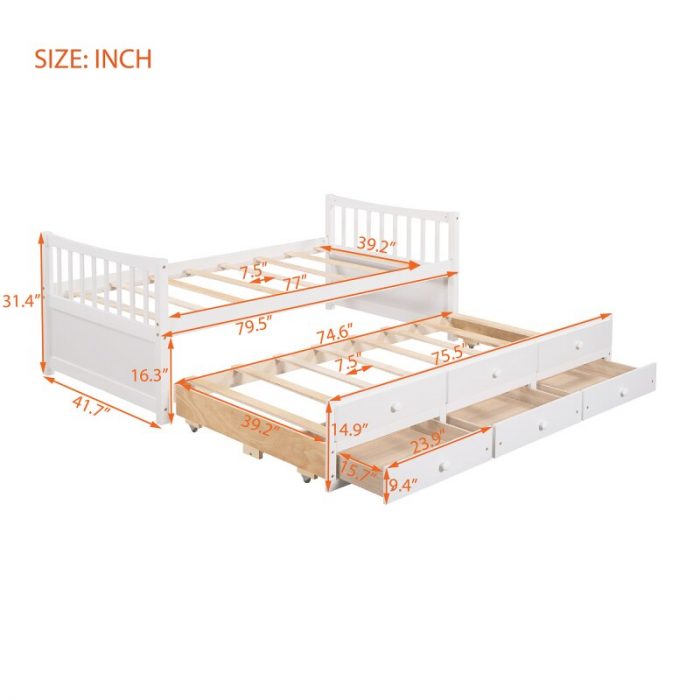 Daybed with Trundle and Drawers, Twin Size, White 6