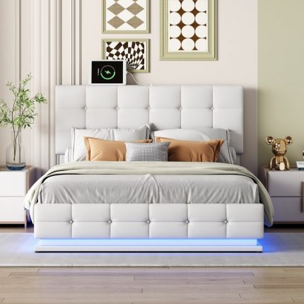 Tufted Upholstered Platform Bed with Hydraulic Storage System,Queen Size PU Storage Bed with LED Lights and USB charger, White 2