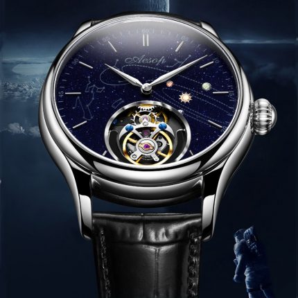 Super AESOP Flying Tourbillon Watch for Men Milky Way Star Sapphire Dial Luxury Steel Band Male Mechanical Wrist Watches 1963 2