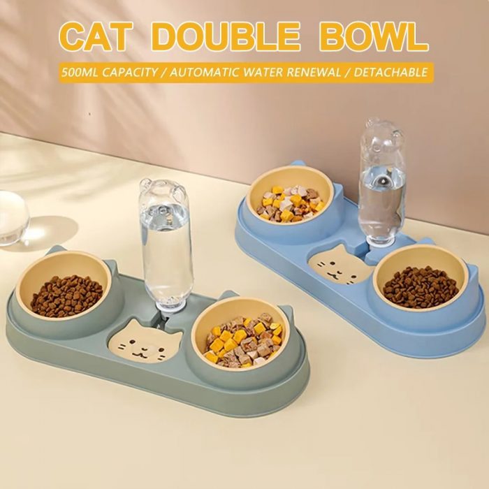 New Double Dog Cat Bowls with Water Dispenser Tilted Cat Food Dishes for Indoor Pet Easily Detached Wet and Dry Food Bowl Set 1