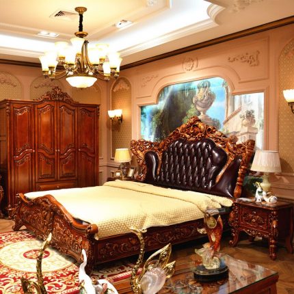 European Luxury Leather Bed 2x2.2m Leather Art Wedding Bed Double Bed American Villa Solid Wood Carved Living Room 2