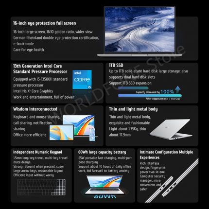 2023 Honor MagicBook X 16 Pro Laptop 16” 13th Core i5-13500H 16GB 1TB Notebook 60Wh Battery 2.2K Screen Glacier Silver Window 11 1