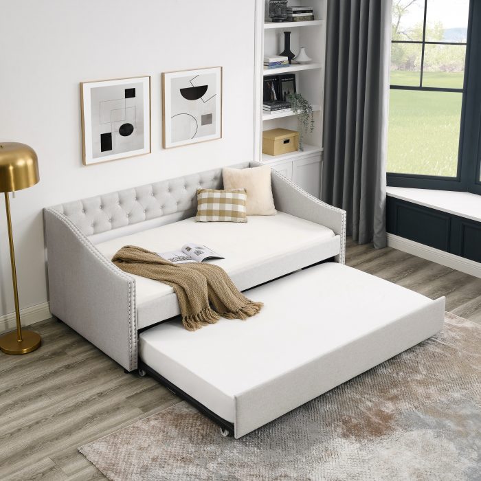 Twin Sofa Bed with Twin Size Trolley Upholstered Tufted Back Buttons and Brass Nails on Wavy Arms, (80.5"x41"x30.5") 1