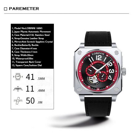 LOBINNI Luxury Mens Watches Fashion Automatic Mechanical Wristwatch Luminous Sapphire Skeleton Dial Leather Strap Square Case 2