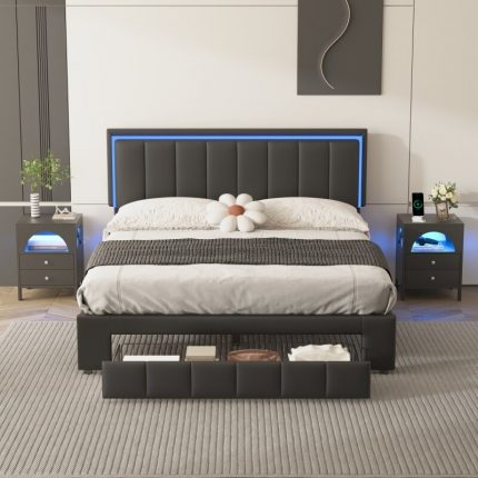 3Pieces Bedroom Sets Queen Size Upholstered Bed,LED LightsTwo Nightstands,Wireless Charging Station&Adjustable lights,Gray/Black 2
