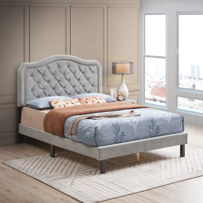 Queen Upholstered Bed Button Tufted with Curve Design-Strong Wood Slat Support Easy Assembly Gray Velvet For bedroom furniture 1