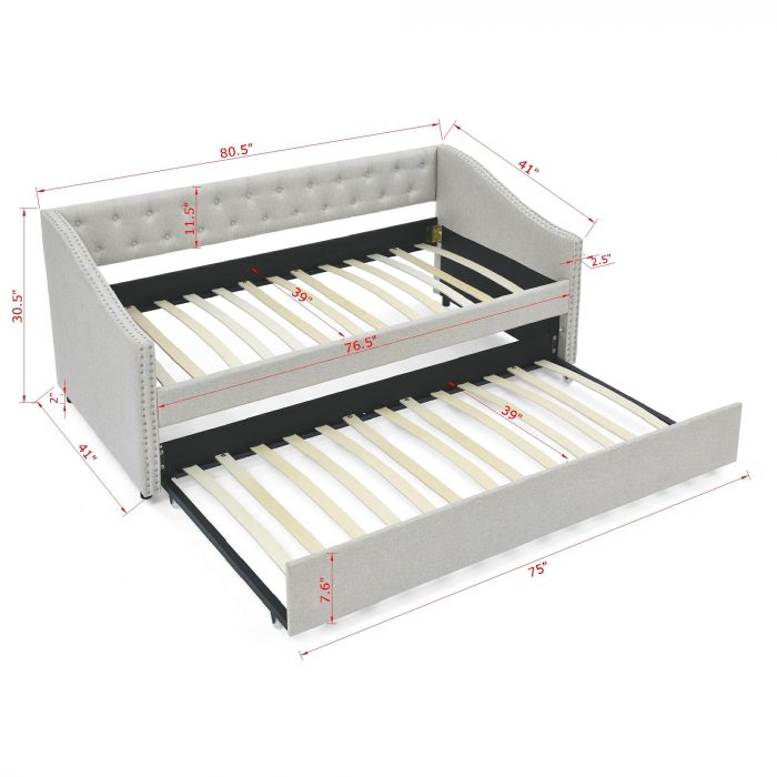 Twin Sofa Bed with Twin Size Trolley Upholstered Tufted Back Buttons and Brass Nails on Wavy Arms, (80.5"x41"x30.5") 3