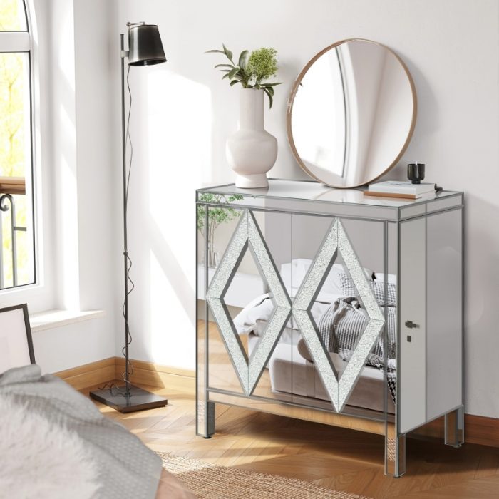 Storage Cabinet with Mirror Trim and Diamond Shape Design, Silver ,for Living Room, Dining Room, Entryway, Kitchen 1