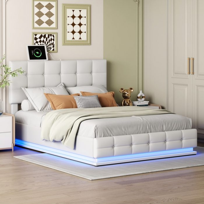 Tufted Upholstered Platform Bed with Hydraulic Storage System,Queen Size PU Storage Bed with LED Lights and USB charger, White 1