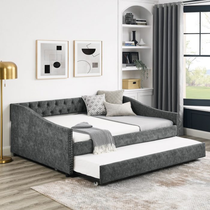 Twin Sofa Bed with Twin Size Trolley Upholstered Tufted Back Buttons and Brass Nails on Wavy Arms, (80.5"x41"x30.5") 2