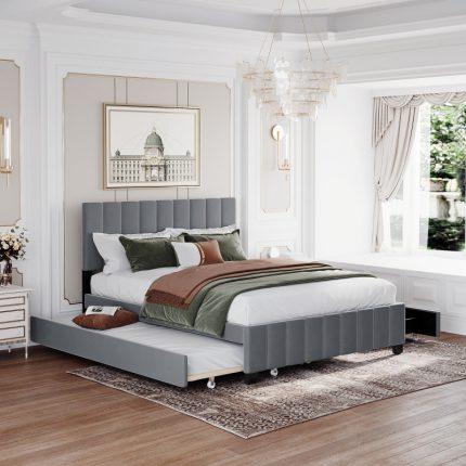 Queen Size Velvet Upholstered Platform Bed with 2 Drawers and 1 Twin XL Trundle，Suitable for Bedrooms- Gray 1