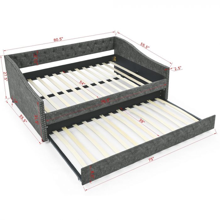 Twin Sofa Bed with Twin Size Trolley Upholstered Tufted Back Buttons and Brass Nails on Wavy Arms, (80.5"x41"x30.5") 4