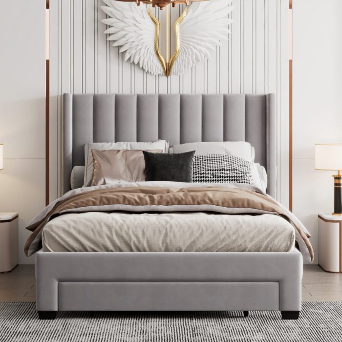 Full Size Storage Bed Velvet Upholstered Platform Bed with a Big Drawer - Gray 2