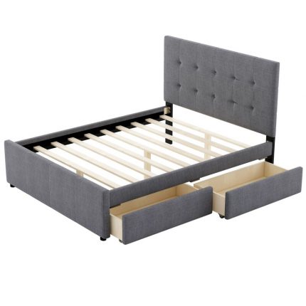 Queen Size Linen Upholstered Platform Bed With Headboard and Two Drawers,Gray 2
