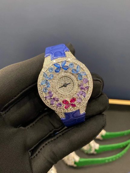 New Fashion brand women butterfly watch Drop Watch Shape Diamond Blue Green Red Cubic Zircon Real Leather WristWatch For Ladies 2