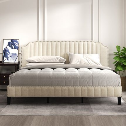 Modern Linen Curved Upholstered Platform Bed , Solid Wood Frame , Nailhead Trim 2