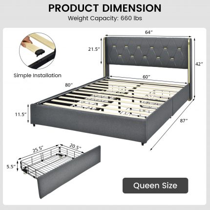 Costway Queen Upholstered Bed Frame 4 Storage Drawers Linen Fabric Headboard Dark Grey 2