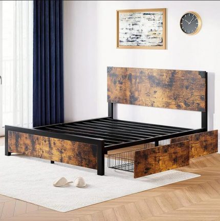 Industrial Wood and Metal Platform Bed frame with headboard and 4 drawers 2