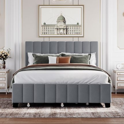 Queen Size Velvet Upholstered Platform Bed with 2 Drawers and 1 Twin XL Trundle，Suitable for Bedrooms- Gray 2