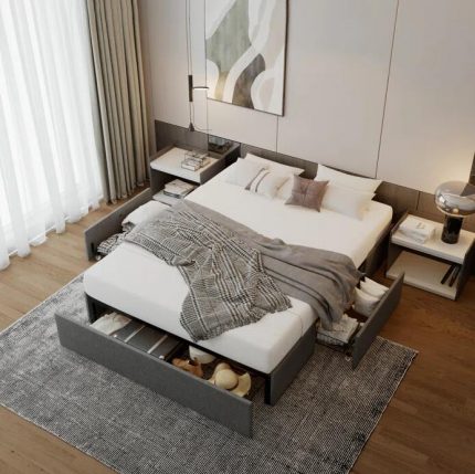 Queen Upholstered Storage Bed with 3 drawers 1