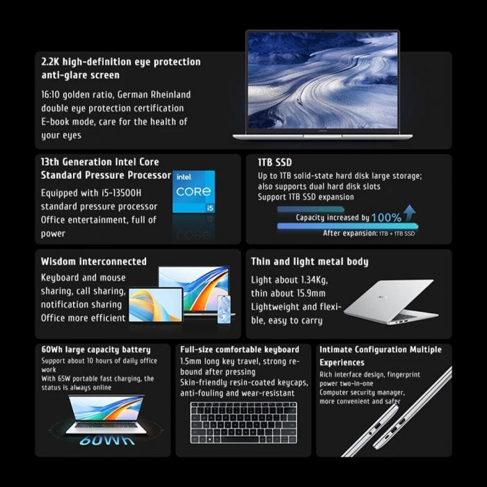 Honor MagicBook X 14 Pro 2023 14” Laptop 13th Core i5-13500H Notebook 16G 512G 2.2K Screen Glacier Silver Window 11 Computer PC 5