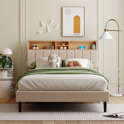 Full /Queen size Upholstered Platform Bed with Storage Headboard and USB Port, Linen Fabric Upholstered Bed 2