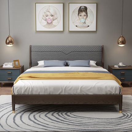 Nordic light luxury 1.8m double bed ash wood wedding bed new Chinese style modern simple soft backrest economy soild wood bed 2