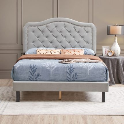 Queen Upholstered Bed Button Tufted with Curve Design-Strong Wood Slat Support Easy Assembly Gray Velvet For bedroom furniture 2
