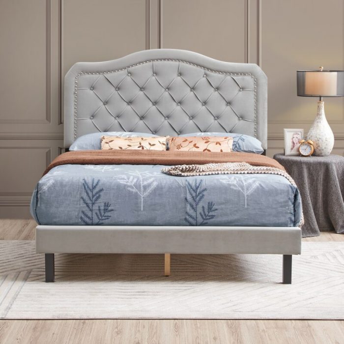 Queen Upholstered Bed Button Tufted with Curve Design-Strong Wood Slat Support Easy Assembly Gray Velvet For bedroom furniture 2