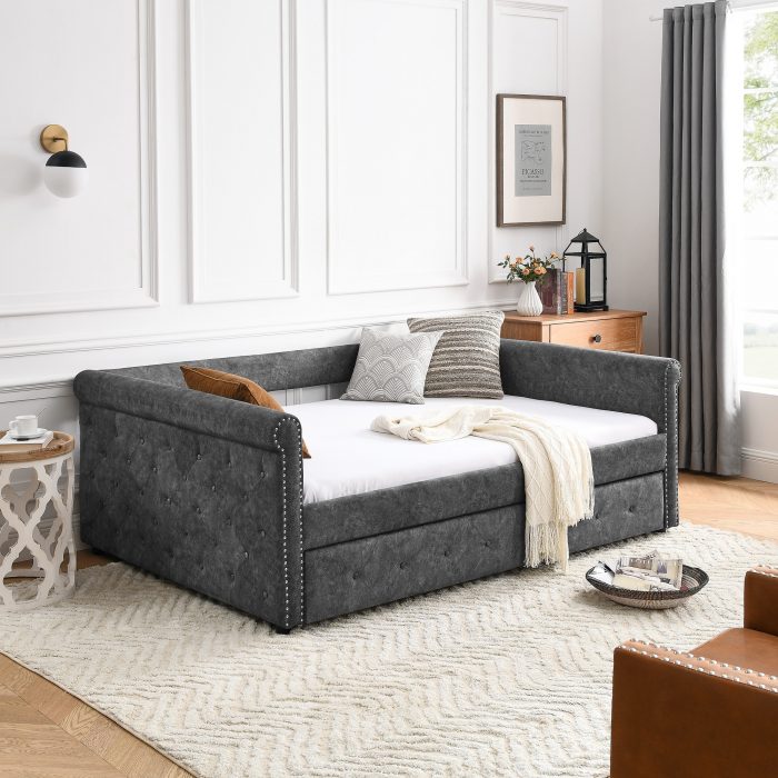 Sofa Bed, Trundle Upholstered Tufted Sofa Bed with Buttons and Brass Nails on the Armrests, both Twin Size, 85.5"x42"x30.5") 1